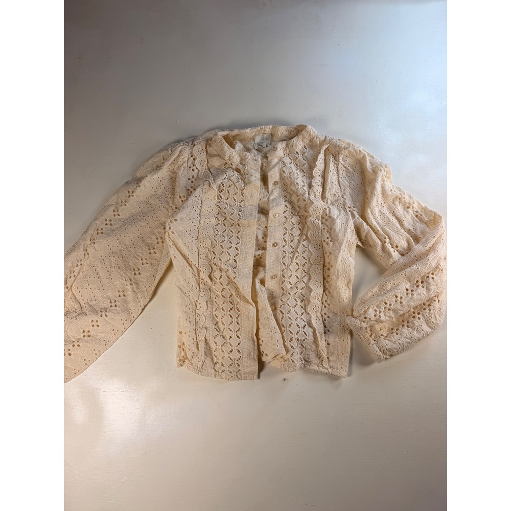 Joie Blouse Women S Cream Excellent Eyelet Lace Ruffle Button Down Cotton Top